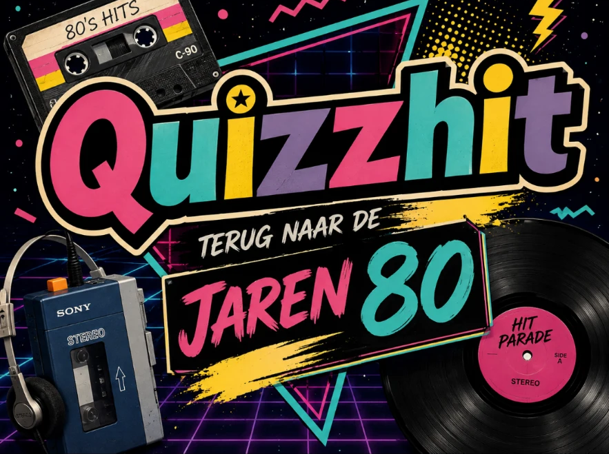 Quizzhit Terug naar de jaren 80 artwork met cassette, walkman en vinylplaat