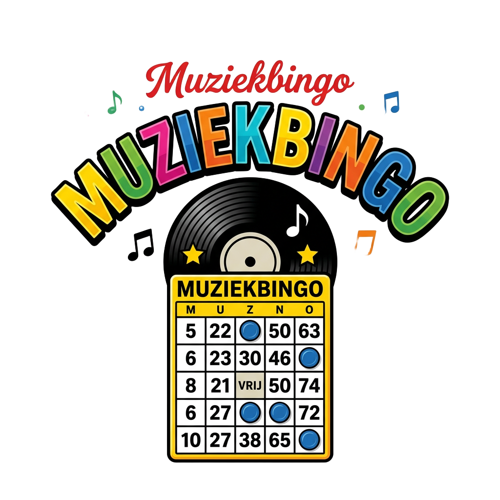Muziekbingo logo met vinylplaat, muzieknoten en bingokaart
